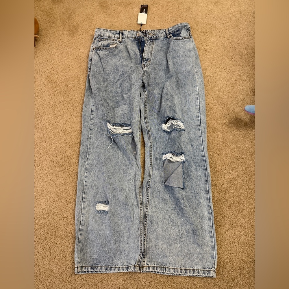 PrettyLittle Thing Blue Acid Wash Baggy Low Riss Distressed Boyfriend Jeans